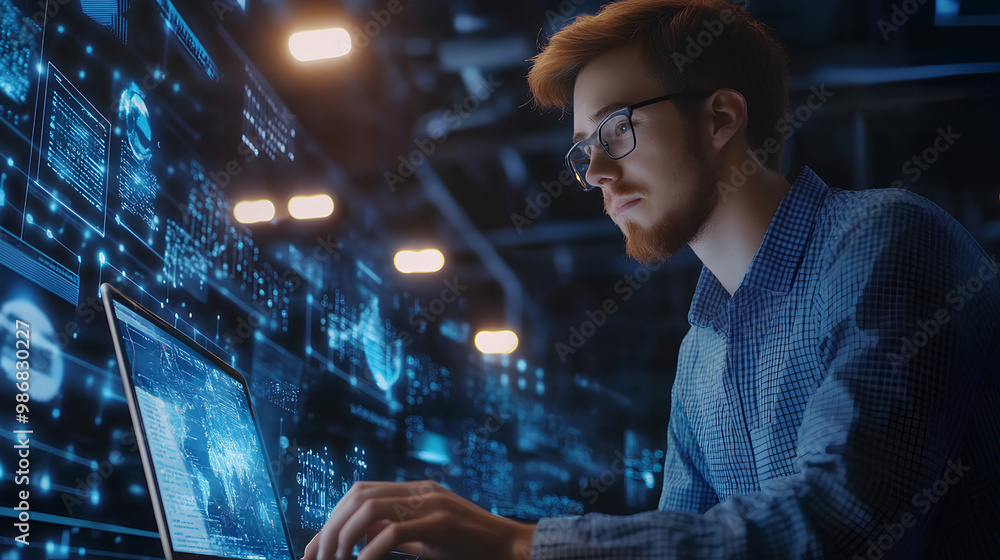 Poster technical support customer service concept, software engineer using laptop computer with customer su