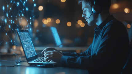 Technical support customer service concept, software engineer using laptop computer with customer support and global network, internet technology, it support, digital system service