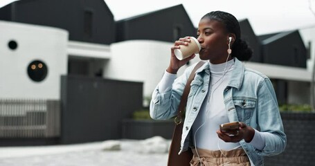 Black woman, phone or walking with coffee or music in neighborhood for morning commute or travel. Professional, person or earphones in road for podcast, smartphone or favorite song outdoor with smile