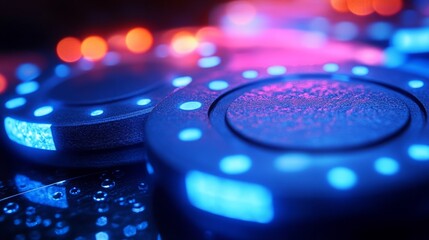 A close-up view of casino chips in a rich blue hue (#0a0974), showcasing their intricate details and textures under realistic studio lighting. The image captures the vibrant colors and craftsmanship