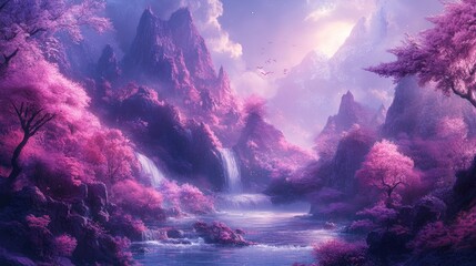 Fototapeta premium A serene landscape with purple mountains, waterfalls, and pink trees under a blue sky.