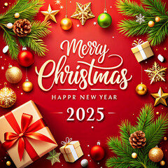 Merry christmas snowflakes, star pattern, multigift, green leaf, golden text color and red background. happy new year 2025