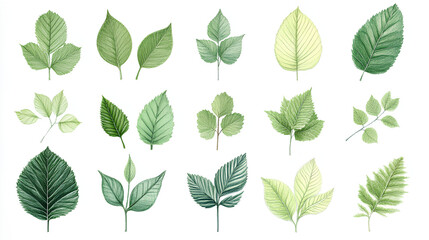 Fototapeta premium This image showcases a variety of hand-drawn green leaf botanical illustrations, neatly ordered in rows 