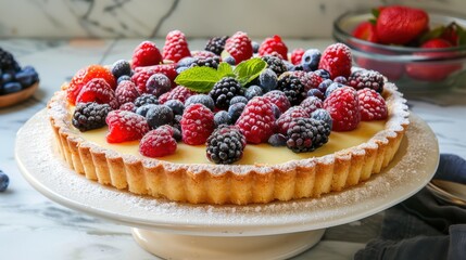 Exquisite Fruit Tart Featuring a Crispy Golden Crust, Creamy Custard, Fresh Berries, and a Delicate Sprinkle of Powdered Sugar for a Tempting Dessert Experience