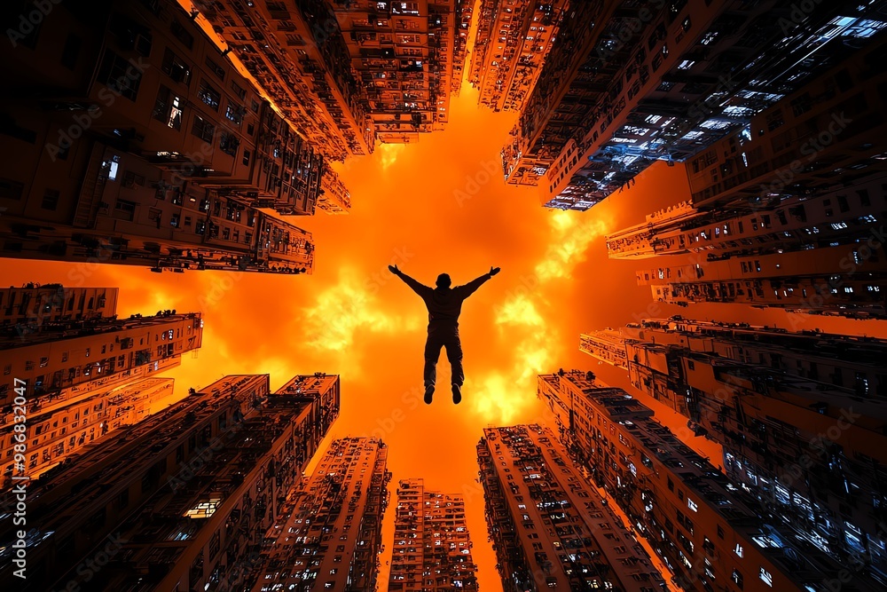 Poster morpheus floating above an orange-hued city of dreams, the light reflecting off every building in vi