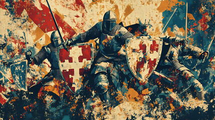 Christian knights and spiritual warfare, embodying faith as a shield, on a medieval tapestry background. Medieval Joust. Illustration