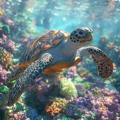 Fototapeta premium A vibrant sea turtle swims gracefully through a colorful coral reef, showcasing the beauty of underwater life.