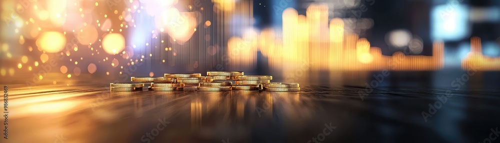 Poster a close-up view of stacked gold coins on a reflective surface with a blurred background of lights.