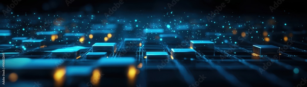 Aufkleber abstract futuristic digital background with glowing cubes and particles.
