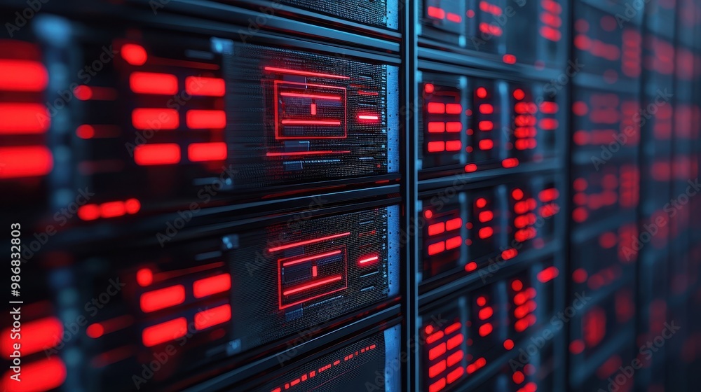 Aufkleber close-up of a digital server rack with glowing red indicators against a dark background.