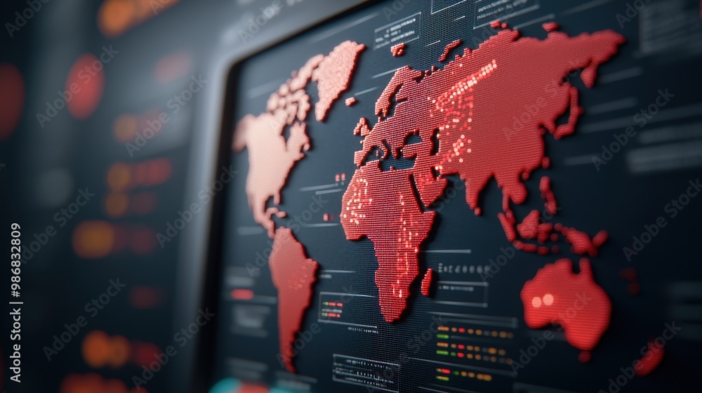 Poster close-up of a digital world map with glowing red accents on a dark background, showcasing data visua