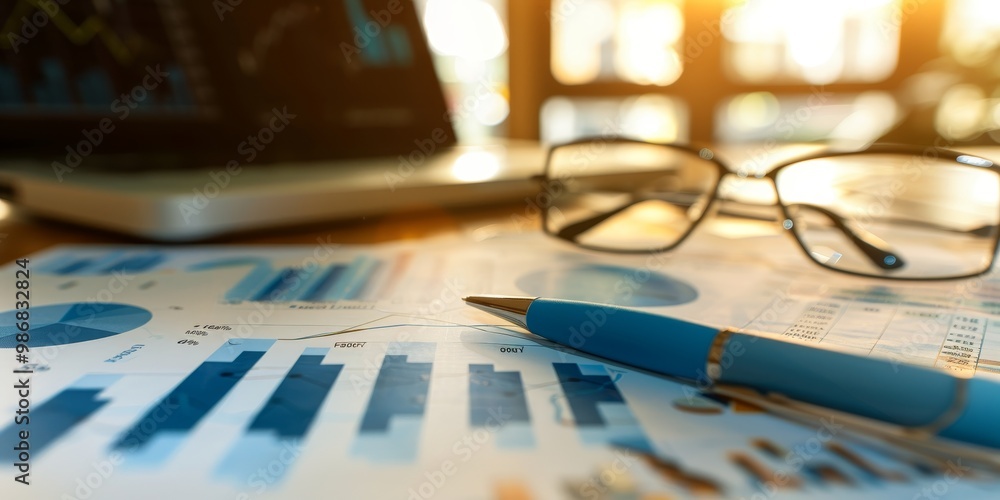 Poster a desktop with portfolio analysis documents, including detailed graphs, financial tables, and data s