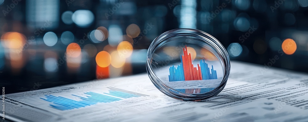 Poster close-up of a report with a magnifying glass revealing colorful data charts.