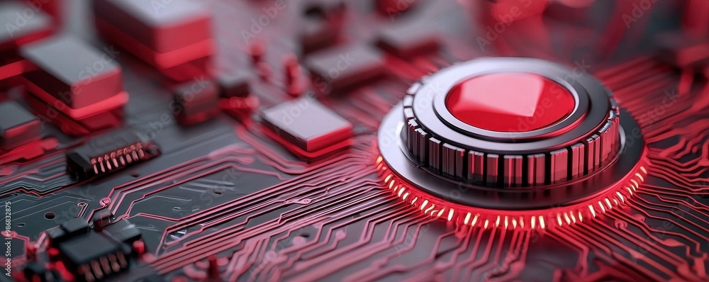 Poster close-up of a futuristic circuit board with a glowing red button, electric components on dark backgr