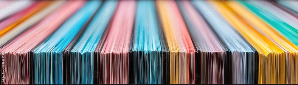 Poster close-up of colorful document files stacked horizontally, showcasing variety in colors and textures.