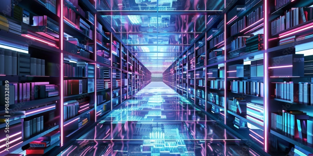 Poster futuristic virtual library with rows of digital books floating in a sleek, interactive 3d environmen