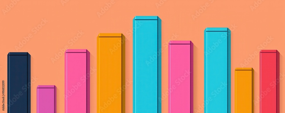 Poster colorful 3d bars on peach background representing data visualization.