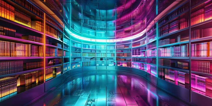 A sleek virtual bookshelf showcasing an array of digital book covers and interactive elements, set in a modern, tech-inspired environment with vibrant colors and dynamic lighting