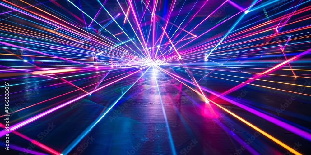 Poster vibrant scene of colorful laser lights cutting through a dark space, creating dynamic patterns and r
