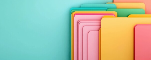 Colorful file folders stacked against a blue background, ideal for organizational themes and office imagery.