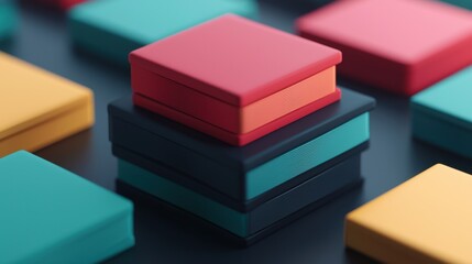 Obraz premium Colorful stacked gift boxes on a dark surface, ideal for creative projects.