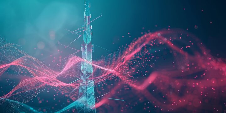 Detailed view of a radio tower with dynamic signal waves radiating from it, showcasing the powerful transmission of data and wireless connectivity