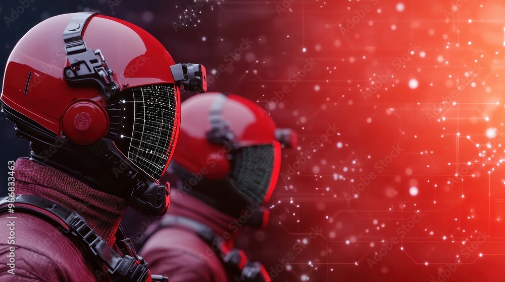 Poster futuristic characters in red helmets against a digital background with abstract elements.