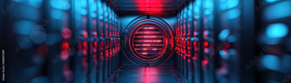 Poster futuristic data center with blue and red lighting, showcasing advanced server technology in a dynami