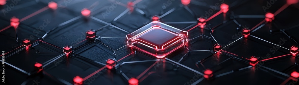 Poster futuristic microchip glowing in a circuit board design with red accents on a dark background.
