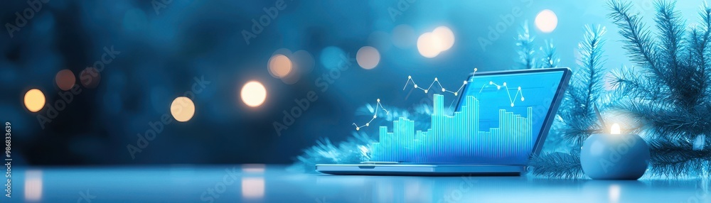 Poster laptop displaying data analysis over a festive background with soft lights and a holiday feel.