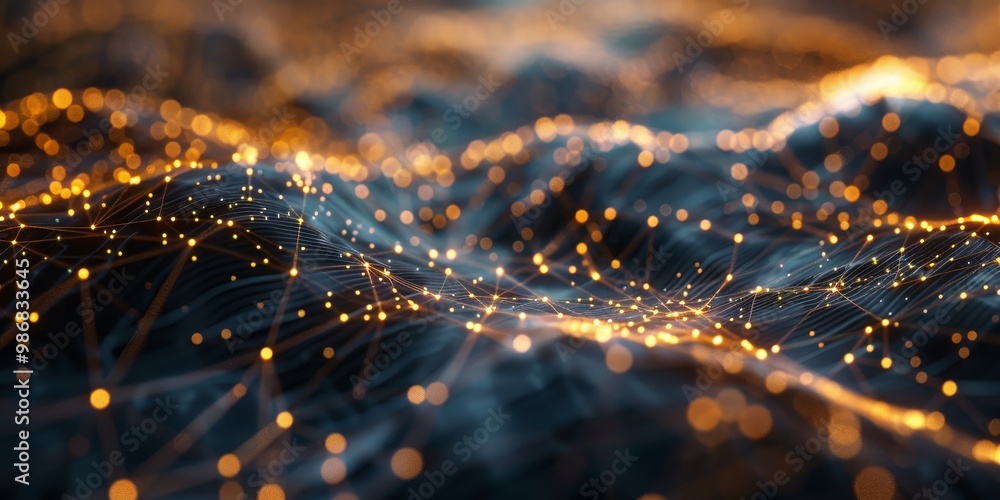 Poster intricate web of interconnected information nodes, featuring complex data flow and digital connectio