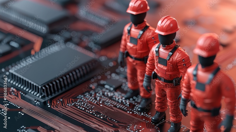 Poster miniature construction workers on a microchip, symbolizing technology and engineering.