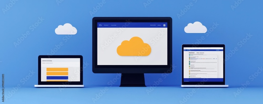 Aufkleber modern cloud computing concept with devices displaying cloud services against a blue background.