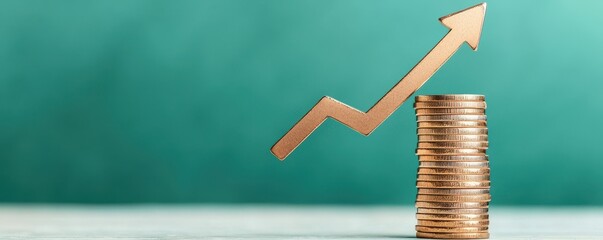 Investment growth concept with coins and an upward arrow on a textured background.
