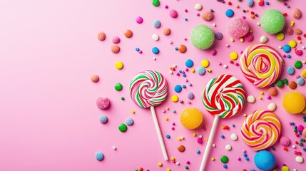 Colorful lollipops and candies scattered on a pink background, a sweet and playful image for treats or celebrations.