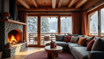 A cozy living room with a fireplace, a large couch, and a coffee table
