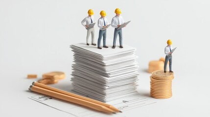 Miniature workers inspecting stacks of paper, representing teamwork and organization in a business environment.