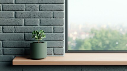 A serene indoor scene featuring a potted plant on a wooden windowsill next to a textured brick wall, with a view outside.