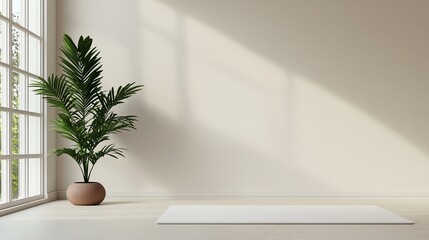 Fototapeta premium A serene yoga space featuring a peaceful plant and a clean mat, perfect for relaxation and mindfulness activities.