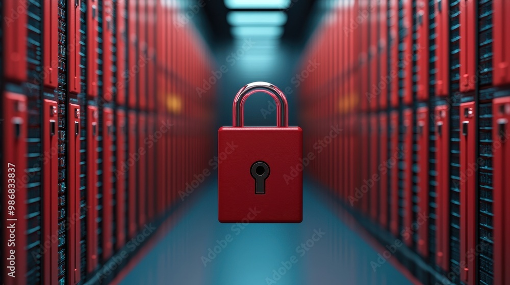 Poster red padlock in a server room, symbolizing data security and digital protection.