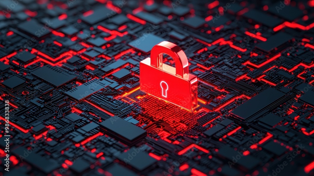 Aufkleber red digital padlock on a circuit board, symbolizing data protection and cybersecurity.
