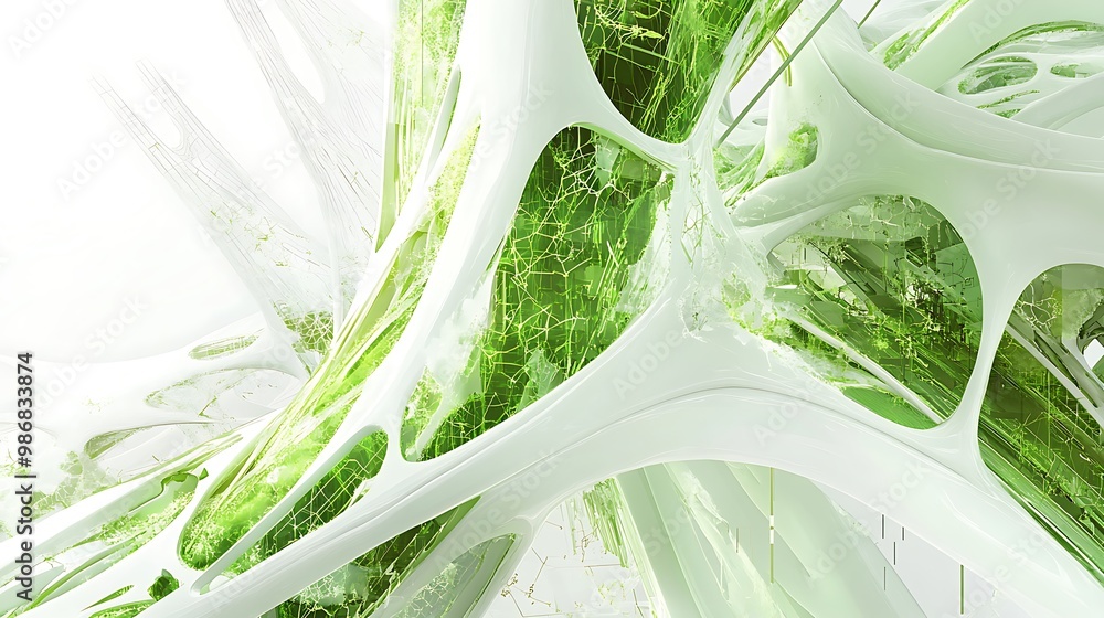 Poster abstract green and white futuristic structure with interconnected organic forms, creating a sense of