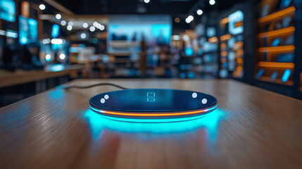 a photostock image of a versatile wireless charging pad with augmented reality, displaying charging speed, device compatibility, and design options in a modern tech store