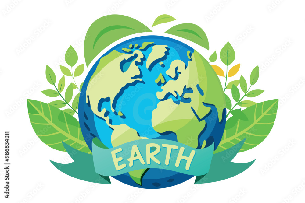 Wall mural Planet and plant leaves Earth day isolated icon vector ecology and environment globe protection and saving air and water pollution fighting reducing reusing and recycling planting trees emblem or logo