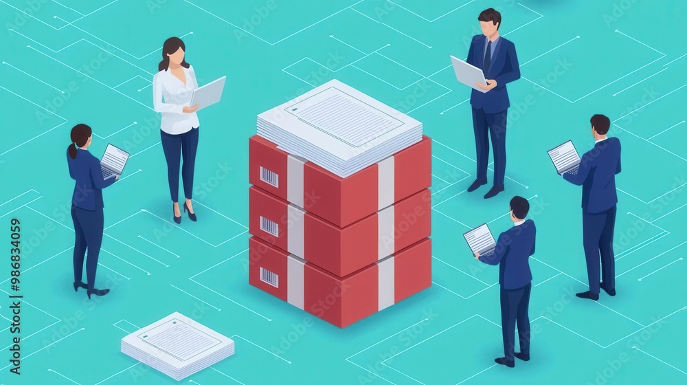 Aufkleber team collaborating around a data storage system in a modern business environment.