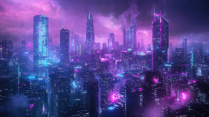 Obraz premium A cityscape with neon lights and a purple sky