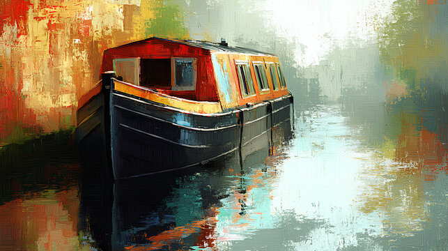 Traditional tole painting of a canal boat or narrow boat with texture