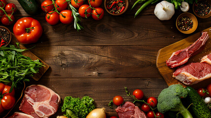Assortment of raw meat on wooden table with vegetables