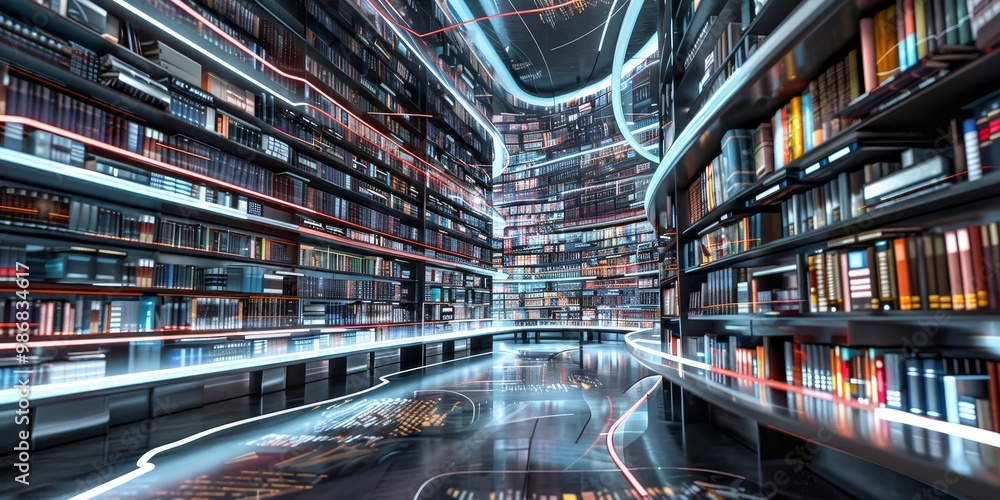 Poster futuristic virtual library with rows of digital books floating in a sleek, interactive 3d environmen