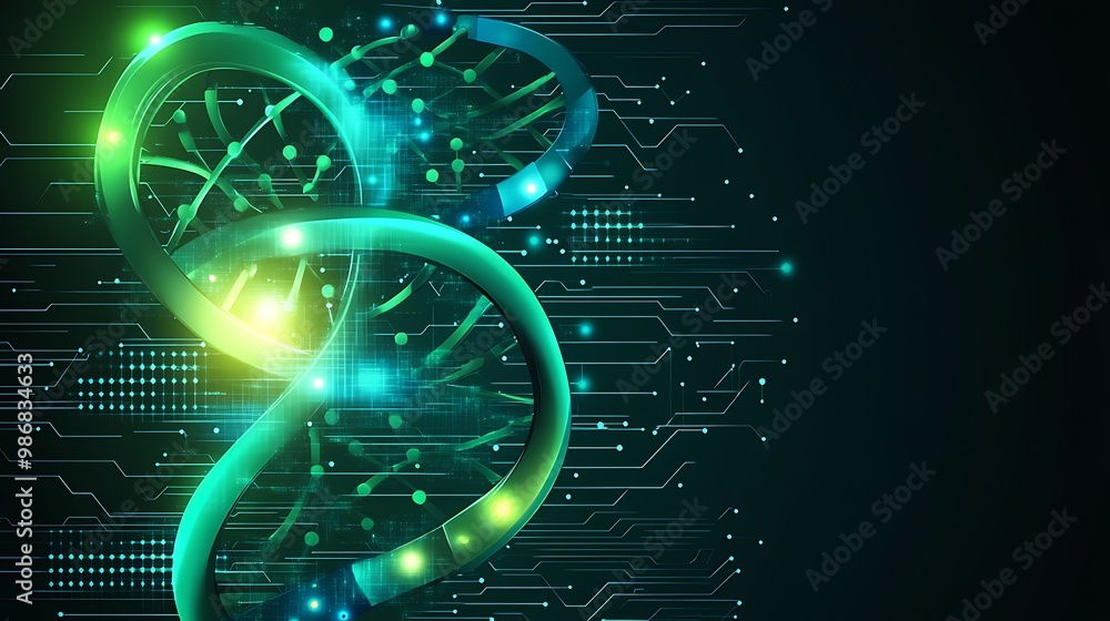 Aufkleber A glowing green DNA strand is displayed on a dark blue background with a circuit board pattern.